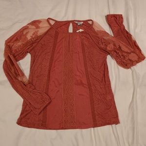 Lucky Brand Peach Shirt with Lace Sleeves - XS